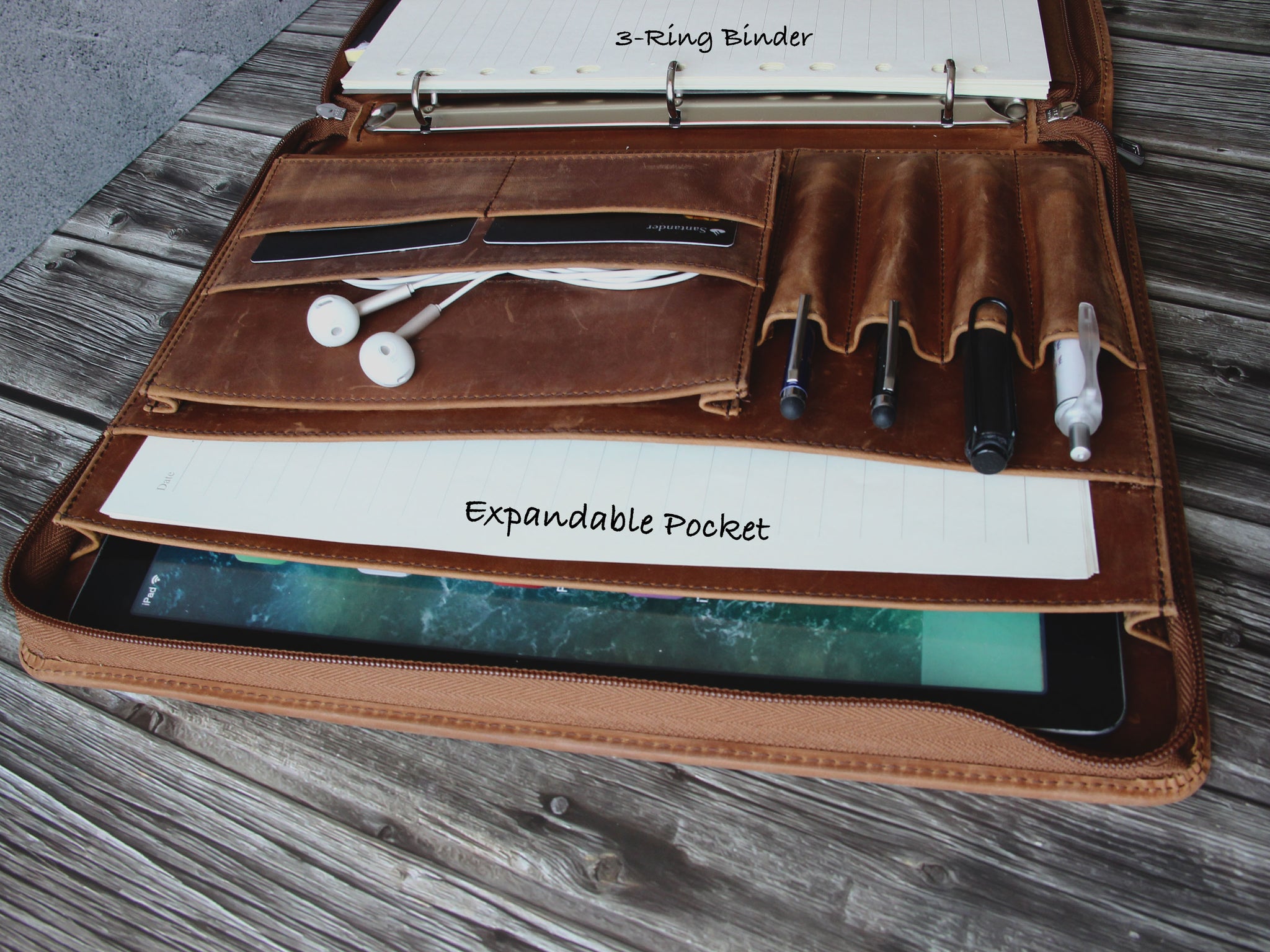 Vintage 3-Ring Binder Portfolio, Handmade Leather Holder for A4